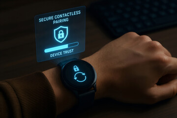 Smartwatch security illustrating secure contactless pairing and device trust technology displayed on a person's wrist and wristband