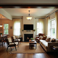 Fototapeta premium Cozy Living Room with Fireplace and Natural Light: Featuring a Comfortable Sofa, Accent Chairs, Coffee Table, and Dining Area, with Wood Beams and Curtains creating a Warm and Inviting Ambiance. 