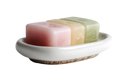 Three square soaps of different colors sitting in a white ceramic soap dish on a black background