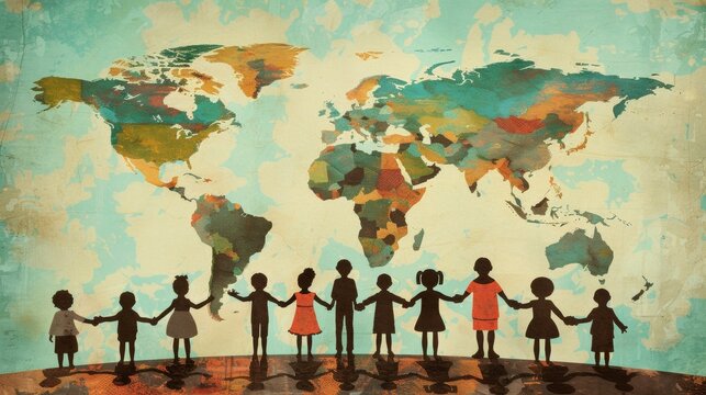 Children Silhouettes Holding Hands in Front of Artistic World Map, Unity Concept Illustration - Powered by Adobe