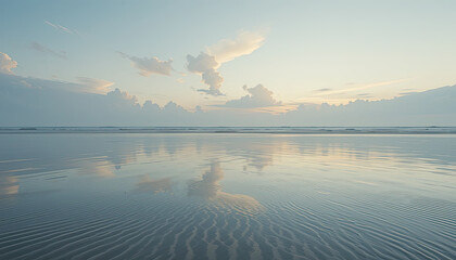 Fototapeta premium tranquil beach at low tide with clouds reflecting on shallow water and soft sand ripples under pastel sky, peaceful coastal nature background for wellness, mindfulness, and minimal landscape design 