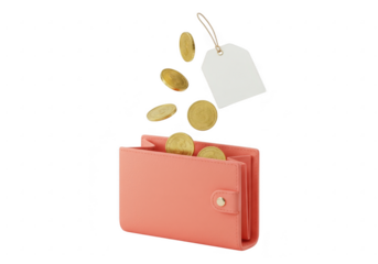 Gold coins fall into a pink leather wallet isolated on transparent background