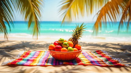 Tropical Fruit Bowl on Beach - Summer Vacation Still Life, A vibrant still life featuring a colorful fruit bowl filled with apples, oranges, and a pineapple.