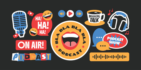Naklejka premium Podcast element stickers, patchs, badges. Headphones, microphones, chat, recording on black background.