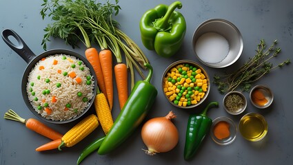 Overhead Flatley: Vibrant Vegetable Rice Dish Ingredients,  Fresh Herbs, Spices, and Cooking Oil.