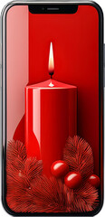 rotes Smartphone mit Adventskerze im Display