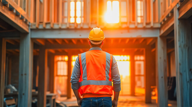 Construction Worker on Building Site - Daytime Progress, A construction worker in a yellow hard hat and orange safety vest stands on a building site, facing away from the camera.
