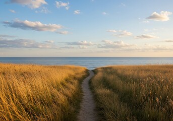 Serene Pathway Through Golden Grass Leading to the Tranquil Sea Horizon