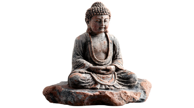 Buddha statue on stone base, isolated on transparent background