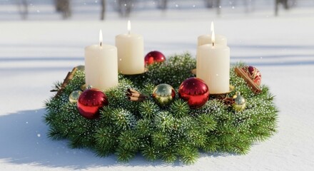 A festive Christmas advent wreath adorned with four candles and seasonal decorations sits on a snowy surface