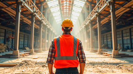 Construction Worker Overseeing Warehouse Project, A construction worker in a hard hat and safety vest stands observing a large, industrial warehouse under construction.