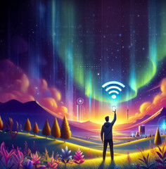 Illustration, Mann steht vor Gebirge mit Polarlichtern am Himmel, WiFi Signal