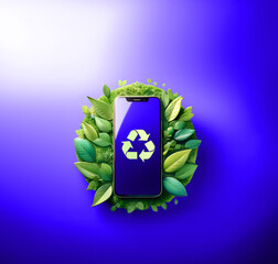 Smartphone mit Rcyclingzeichen auf blauem Hintergrund