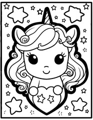black and white cartoon illustration of  cute unicorn