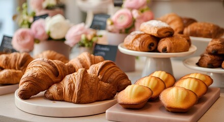 Delectable Assortment of Freshly Baked Croissants, Pastries, and Madeleines