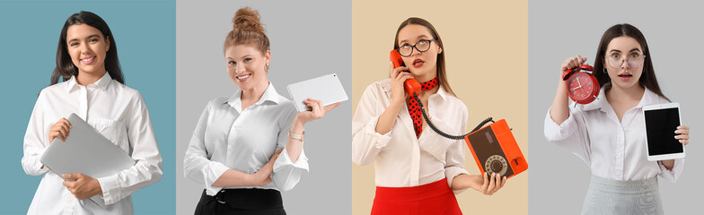 Collage of different secretaries on color background