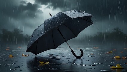 Black Umbrella in Heavy Rain, Dramatic Moody Atmosphere, Dark Clouds, Fallen Leaves4EX 