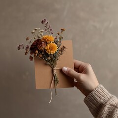 Woman's Hand Holding Stationery Card with Rustic Flowers