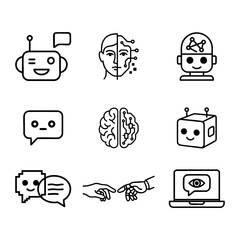 This minimalist black and white illustration set explores the world of artificial intelligence, chatbots, and robotics through clean line art. 