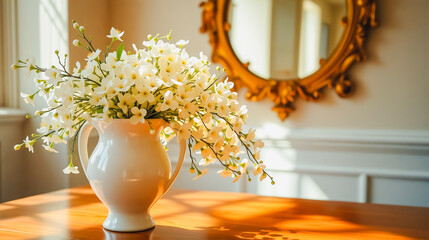 White Flowers in Vase on Wooden Table with Mirror Reflection, A still life composition featuring a white ceramic vase overflowing with delicate white flowers.