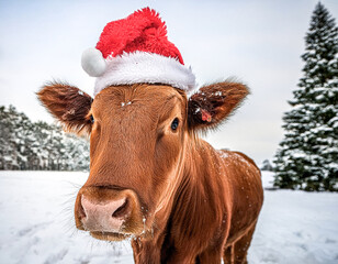 braunes Angusrind mit Weihnachtsm&uuml;tze in Winterlandschaft