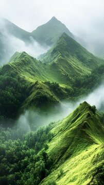 The mountains are covered in green grass and trees