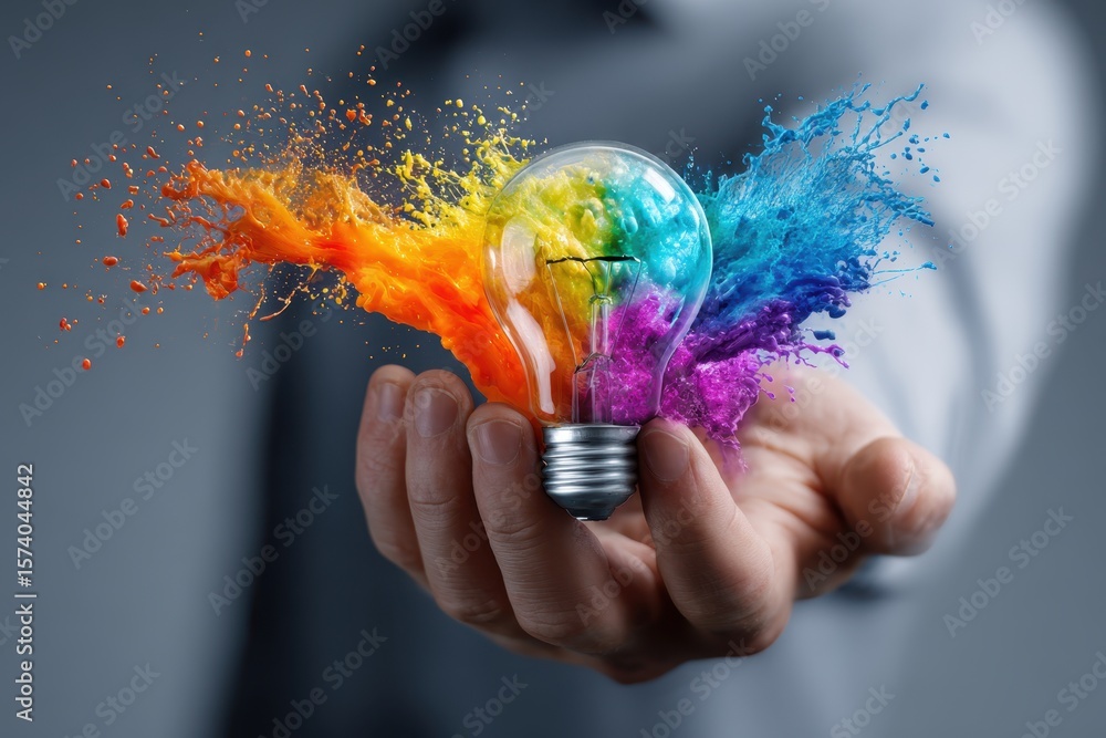 Poster creative explosion of colors around a light bulb in a hand during a conceptual art display