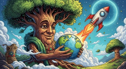 Ancient Tree Guardian Embraces Planet Earth Ready for Space Exploration
