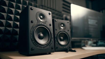 An elegant pair of studio monitor speakers placed on a desk with soundproofing panels in the background, representing a professional audio environment.