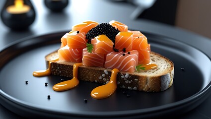 Gourmet Salmon Canape:  Elegant, Dark Plate,  Citrus Glaze, Black Caviar, Luxurious Appetizer.