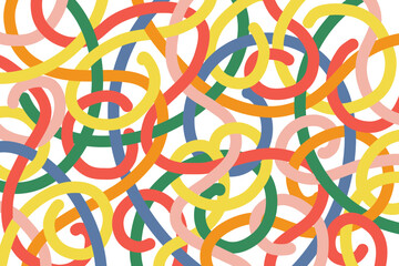Fun colorful doodle line pattern on white background. Creative backdrop, trendy design with basic shapes. 