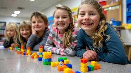 Happy children engaged in educational play with colorful building blocks in a classroom setting