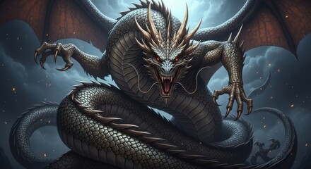 Majestic Ancient Dragon Unleashes Its Fearsome Might Amidst a Stormy Sky
