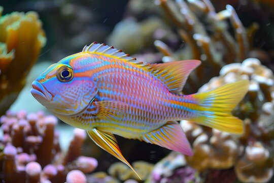 Anthias fish is swimming in front of colorful corals in a saltwater aquarium