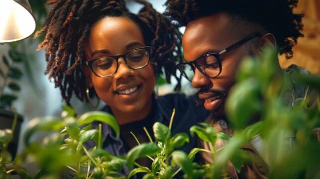Happy couple tending to indoor plants, enjoying gardening together in a cozy home environment