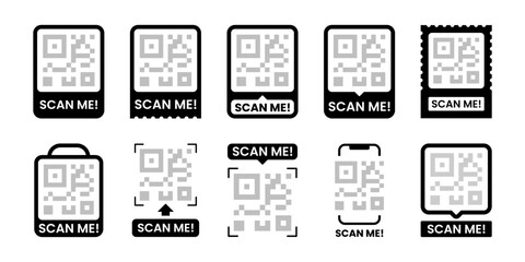 Scan Me. QR code set. Scan QR code icon. Template scan me QR code for smartphone. Payment , QR code for mobile app, payment and phone. Black and White Vector Badge