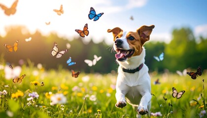 Happy dog running in a meadow with butterflies