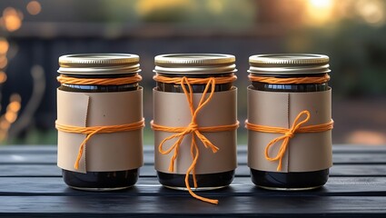 Three Rustic Jars of Homemade Preserve, Orange Twine, Kraft Paper Labels, Warm Sunset Background