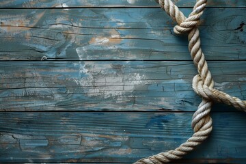 Ship rope on old painted wooden planks forming a nautical background with copy space
