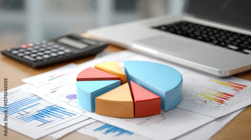 Aufkleber a d pie chart with financial data floating above a business desk with a laptop and documents