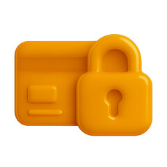 3D render of a secure credit card with lock in orange glossy style, symbolizing online payment protection