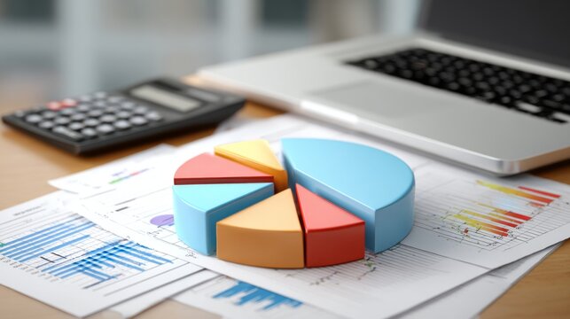 A D pie chart with financial data floating above a business desk with a laptop and documents