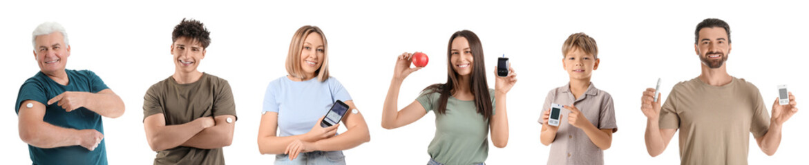 Set of people with diabetes on white background