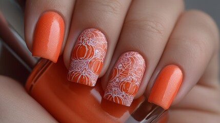 Funky Halloween nail art with glowing orange pumpkins and spiderweb designs on blurred white background, playful and spooky