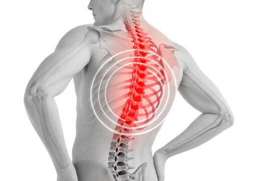 Anatomical illustration of a male torso highlighting the spine with pain indication and radiating circles created with generated ai