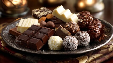 A beautifully arranged chocolate dessert platter with a mix of dark, milk, and white chocolates, including chocolate bars, truffles, and pralines