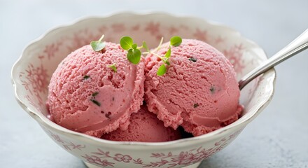 A scoop of strawberry basil ice cream with micro herbs.