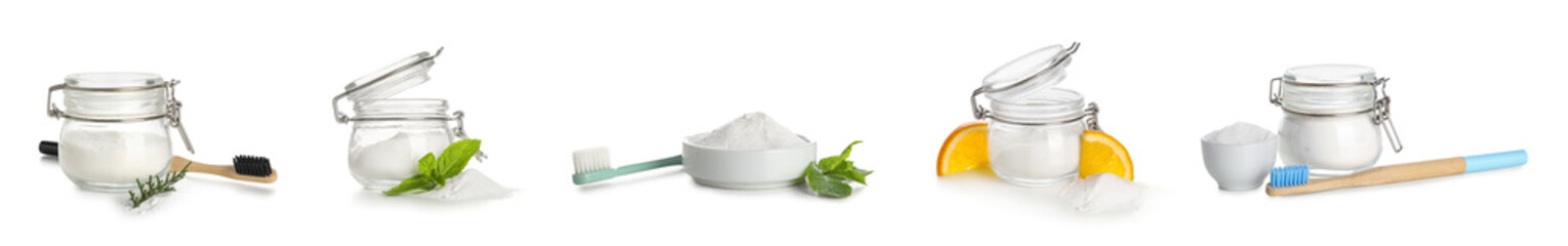 Collage of bowl and jars with tooth powder on white background