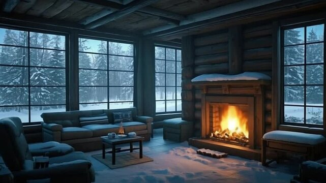 Cozy Cabin Winter Wonderland Fireplace Snow Scene Romantic Getaway Log Cabin Interior Design Christmas New Year Holiday Season Relaxation Warmth Comfort Fireside Chat Winter