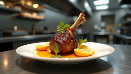 Gourmet Roasted Leg of Lamb with Orange Glaze, Professional Restaurant Setting, Warm Lighting